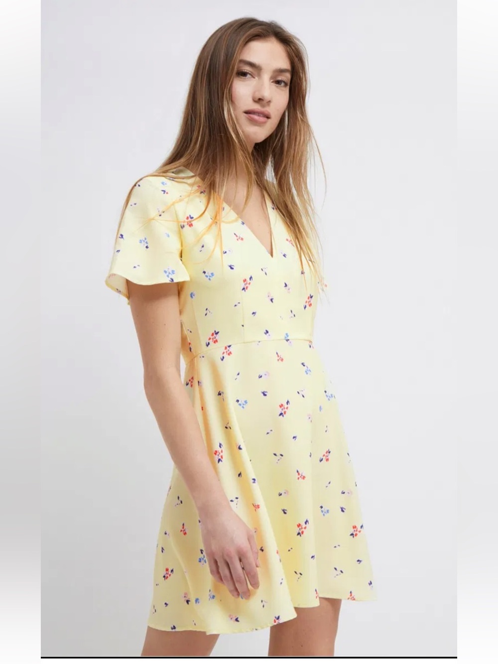 French Connection Yellow Floral Flutter Sleeve Skater Dress - Size US 6 - Picture 2 of 16